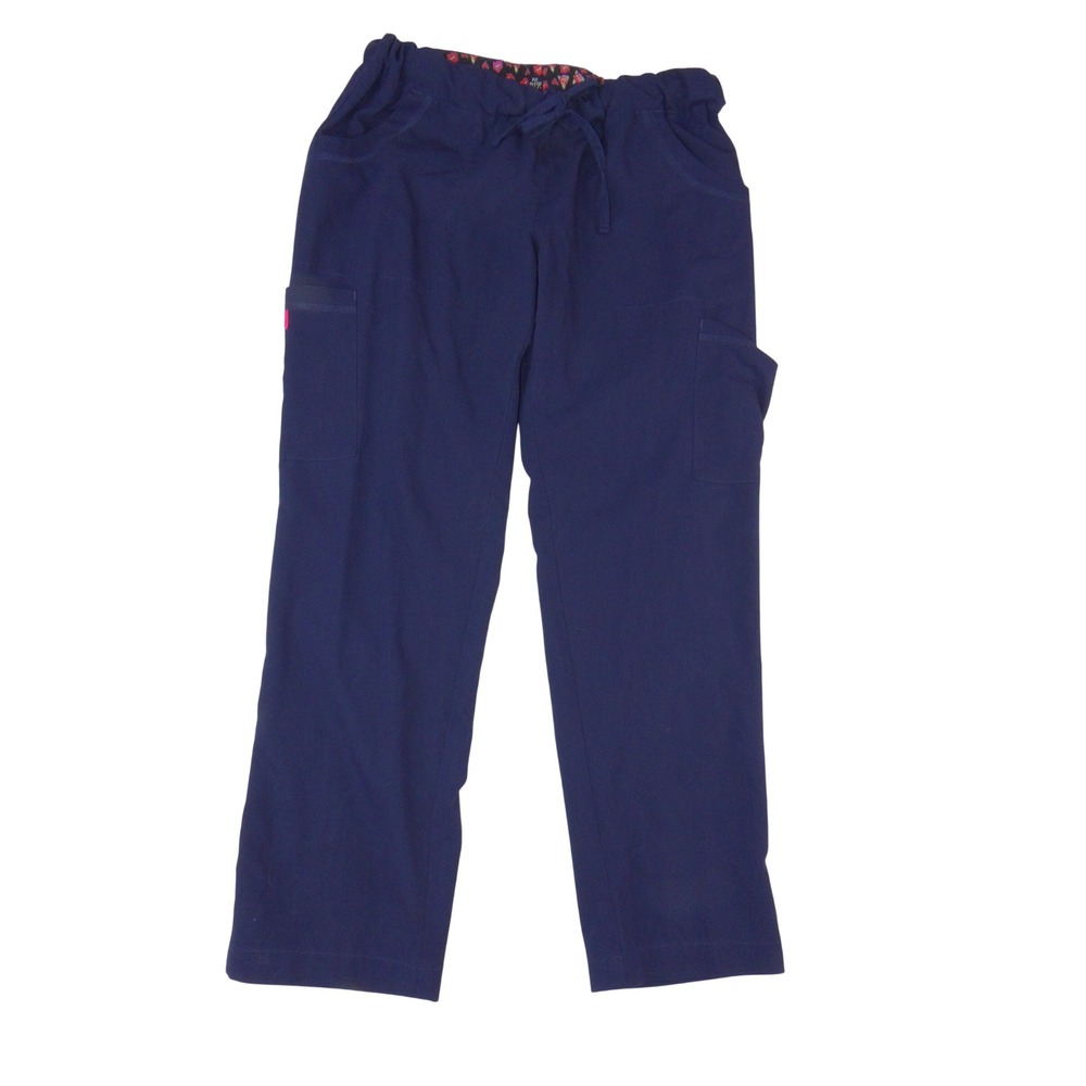 Betsey Johnson Navy Blue Cargo Scrub Pants Petite Medium Heart Pin Floral